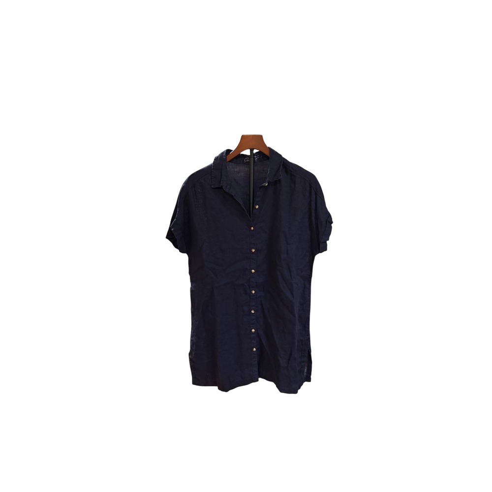 Nicole Miller New York Womens Navy Blue Linen Blend Short Sleeve Button Down M